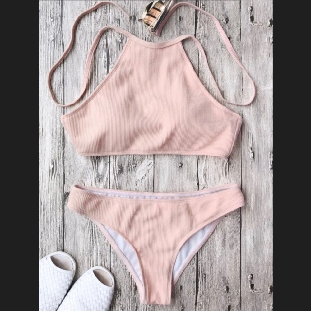 Pink Zaful Ribbed High Neck Bikini Set